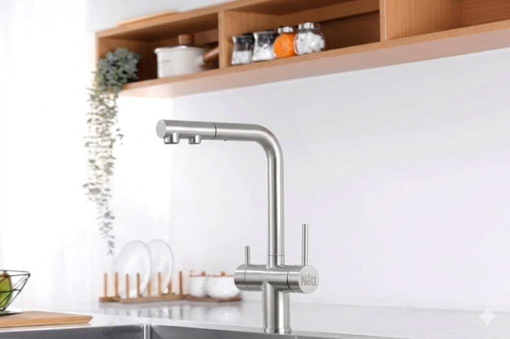 Bateria kuchenna trójdrożna do filtra z wyciąganą wylewką inox NETT FWS-33