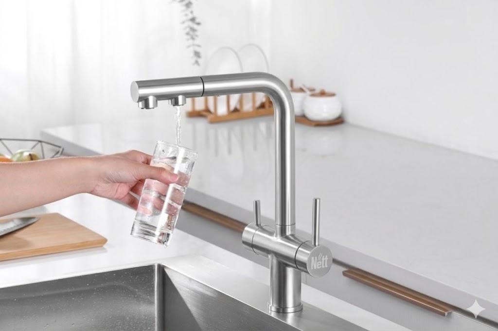 Bateria kuchenna trójdrożna do filtra z wyciąganą wylewką inox NETT FWS-33