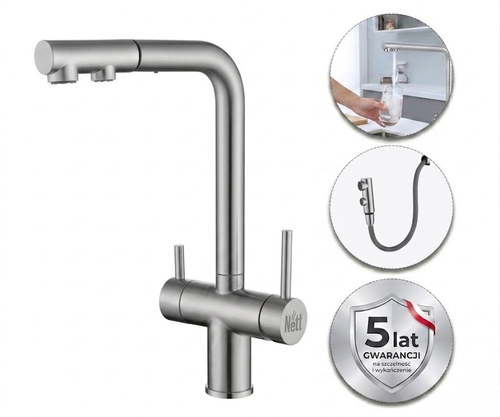 Bateria kuchenna trójdrożna do filtra z wyciąganą wylewką inox NETT FWS-33