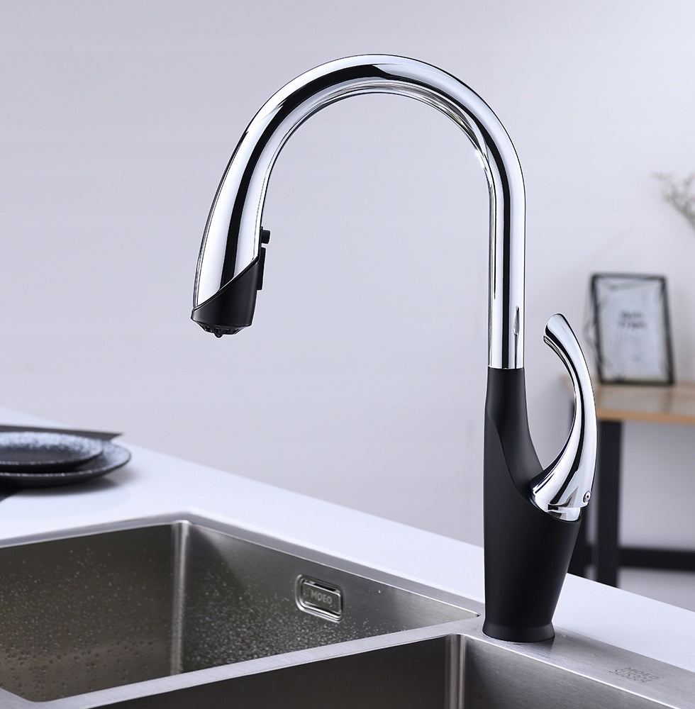 Bateria kuchenna Łabędź z wyciąganą wylewką czarno-chromowa NETT SWB-435