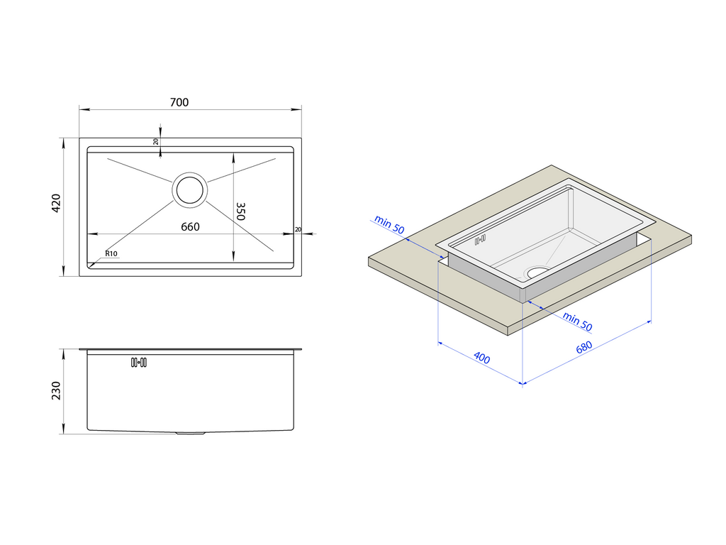 Zlewozmywak ze stali nierdzewnej NETT NS-7042, 1 mm, podblatowy/nablatowy