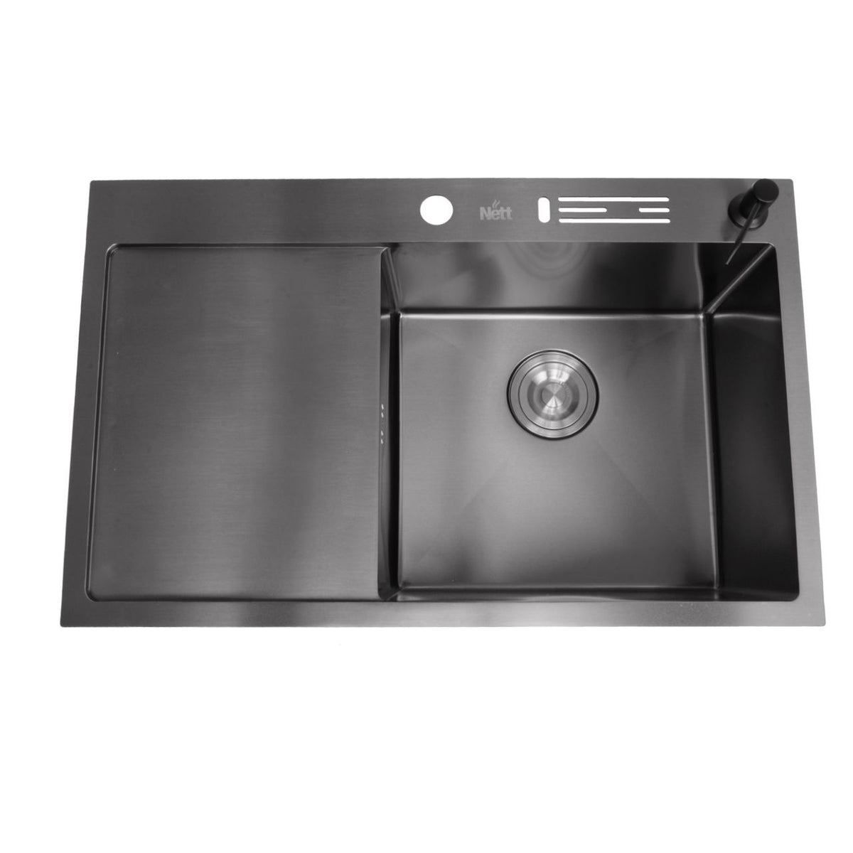 Czarny zlewozmywak NETT NB-7848(L) z lewym ociekaczem, stal nierdzewna 1 mm, PVD