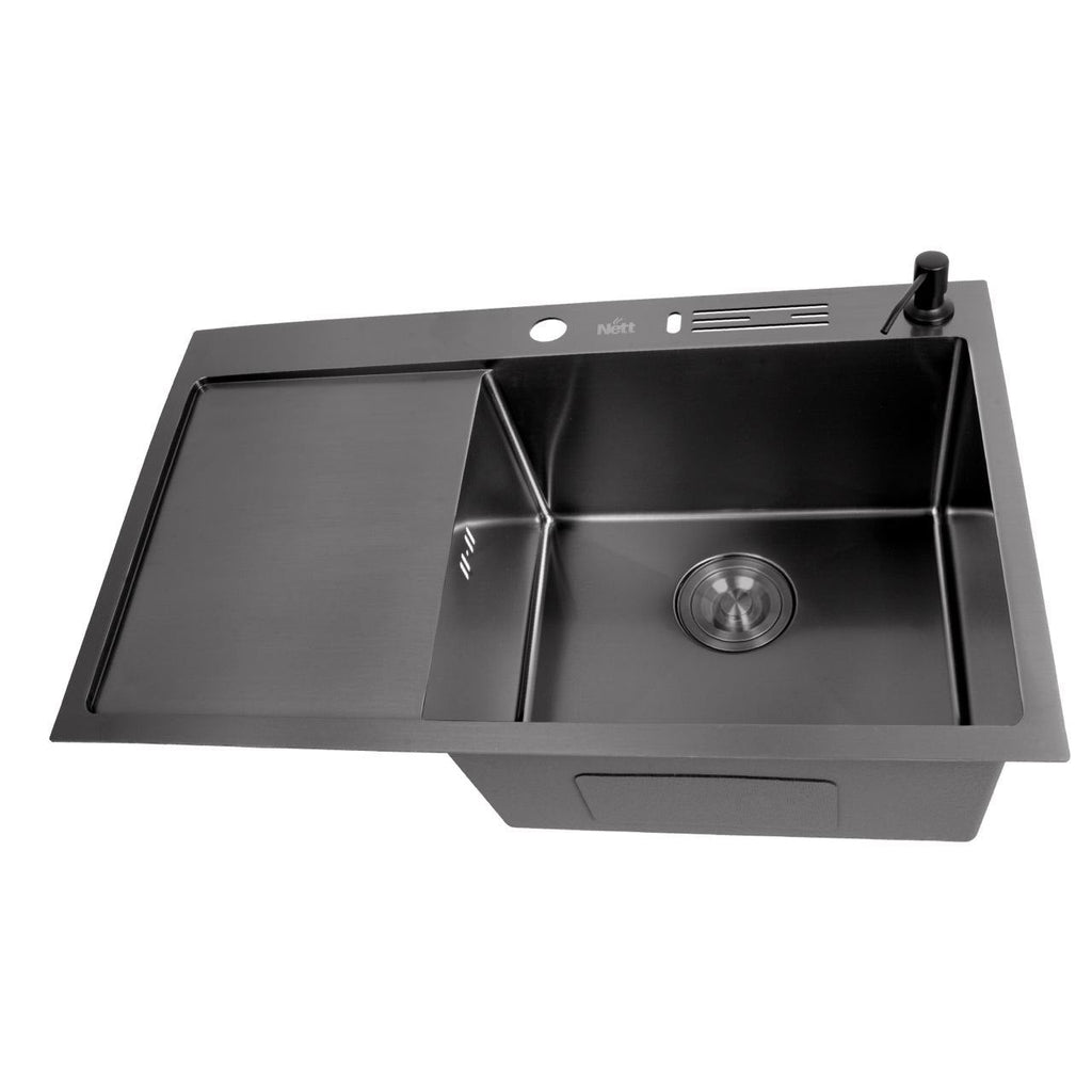 Czarny zlewozmywak NETT NB-7848(L) z lewym ociekaczem, stal nierdzewna 1 mm, PVD
